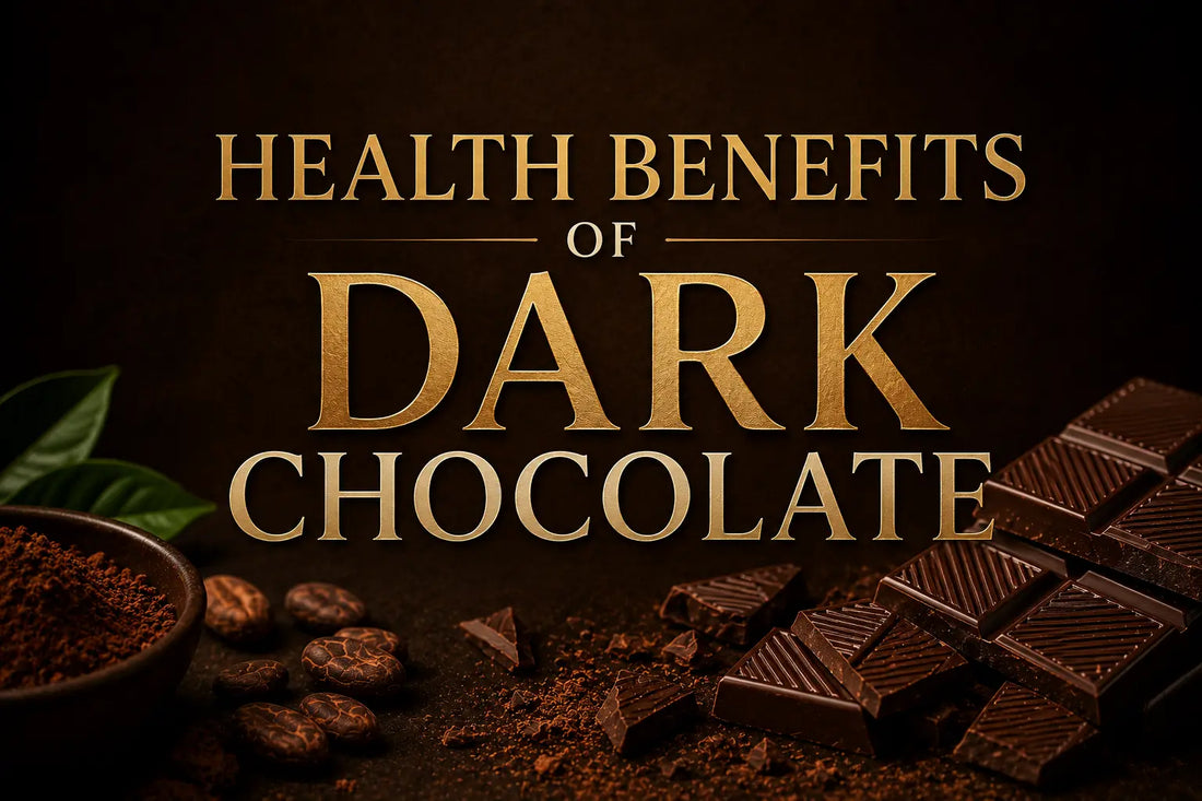 legant dark chocolate-themed banner featuring premium dark chocolate pieces, cocoa powder, and cocoa beans with the title “Health Benefits of Dark Chocolate” on a rich brown background.