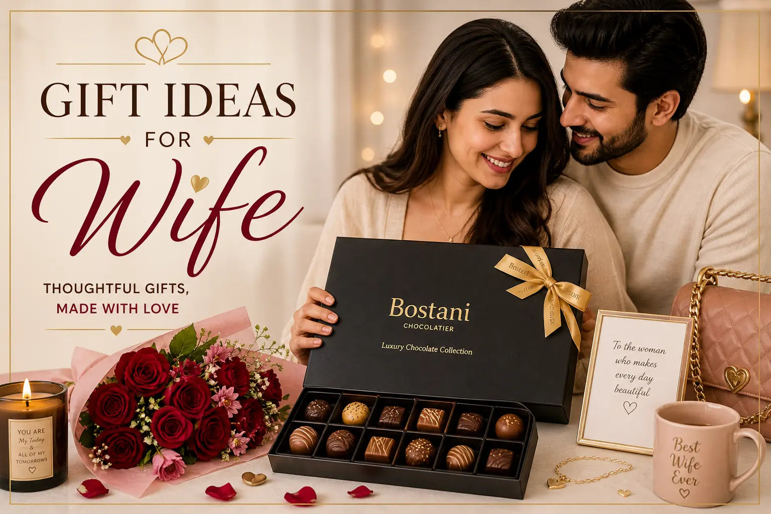 Best gift ideas for wife in Pakistan 2026, Bostani luxury chocolate gift box with personalized engraved chocolates and leathered packaging