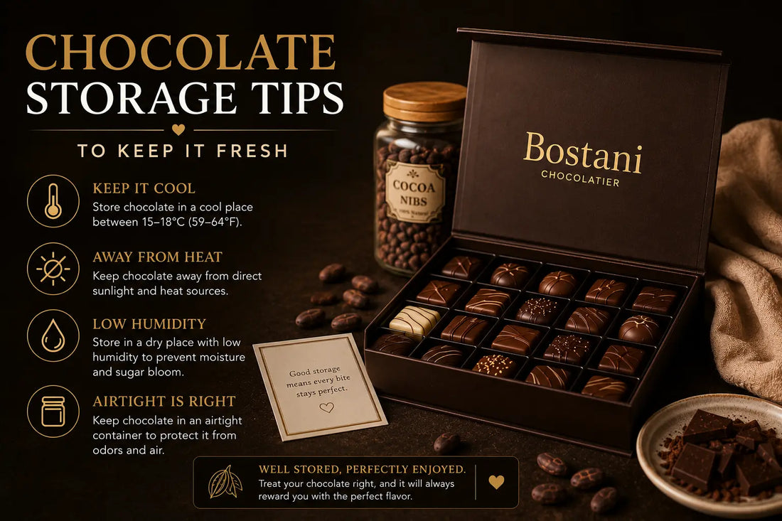 Luxury chocolate gift box with premium assorted chocolates and cocoa beans beside text about chocolate storage tips to keep chocolate fresh.