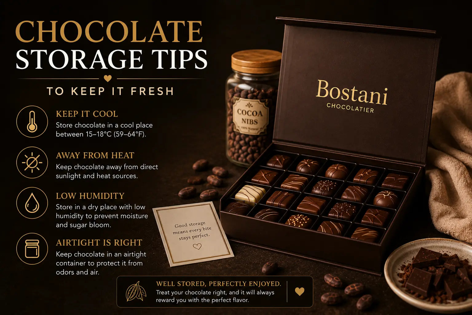 Luxury chocolate gift box with premium assorted chocolates and cocoa beans beside text about chocolate storage tips to keep chocolate fresh.
