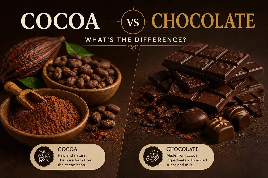 Hero or featured image Cocoa vs chocolate difference explained, Bostani premium handcrafted chocolate gift box Pakistan with glossy tempered couverture pieces