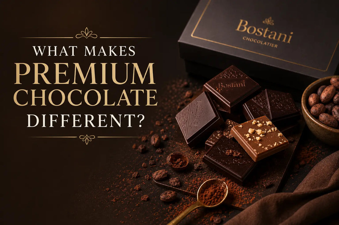 What makes premium chocolate different, Bostani handcrafted premium chocolate gift box with glossy tempered chocolate pieces in luxury packaging Pakistan