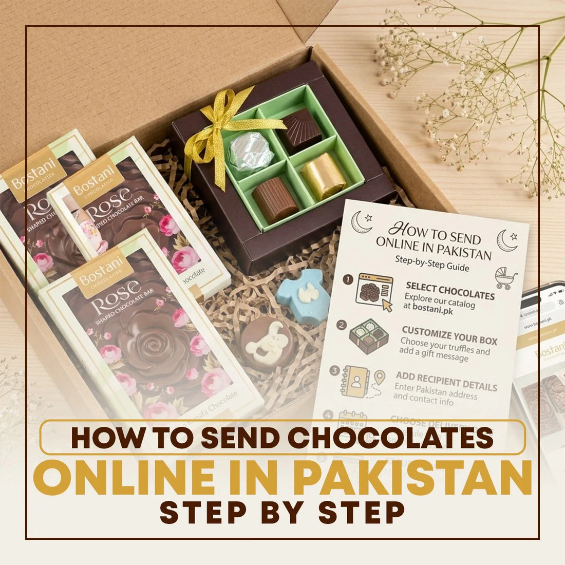 Luxury chocolate gift box with laptop and mobile showing how to send chocolates online in Pakistan step by step