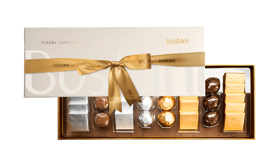 Signature Box White Medium - 335g Milk & Dark Chocolate Gift Box with Golden Accents by Bostani Pakistan
